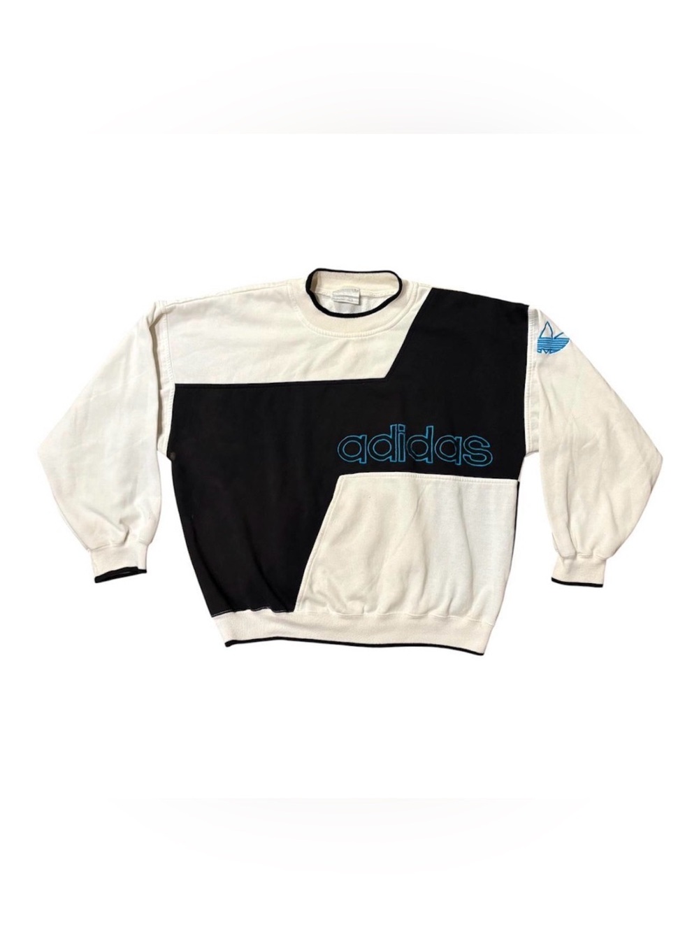 Vtg Adidas black and white color block sweatshirt with blue logo sz Large